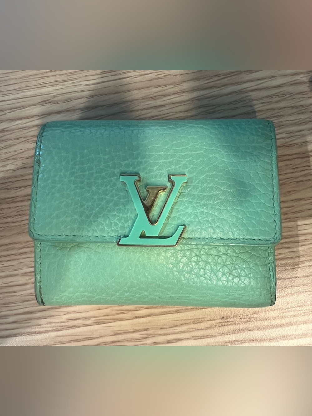 Louis Vuitton Mint Green Pebbled Leather Compact Wallet with LV Hardware